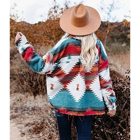 Multicolor Aztec Tribal Print Button Down Corduroy Shacket Jacket Coat - Picture 1 of 9